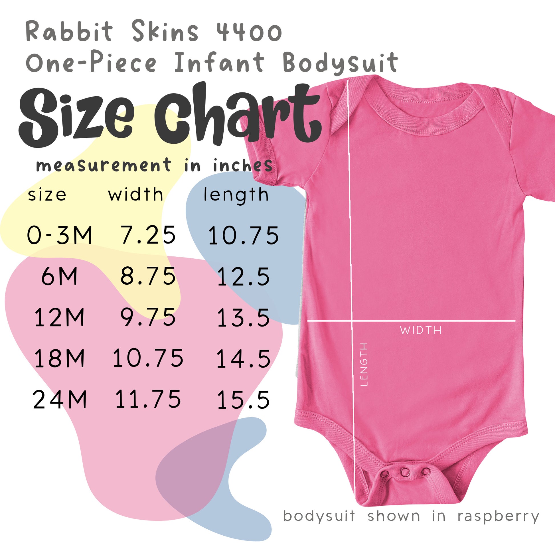 Size chart for Rabbit Skins one-piece infant bodysuit with a pink bodysuit on a white background.