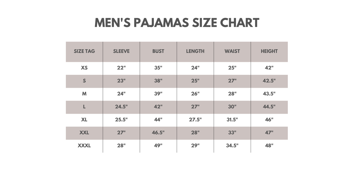 Men's pajamas size chart on a white background