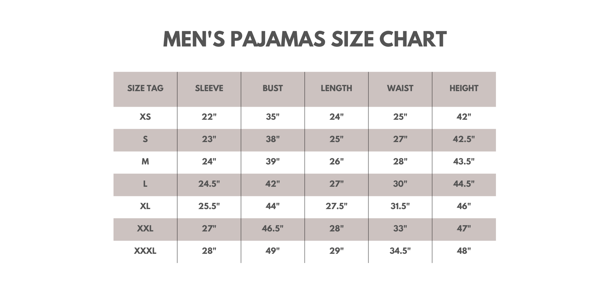Men's pajamas size chart on a white background