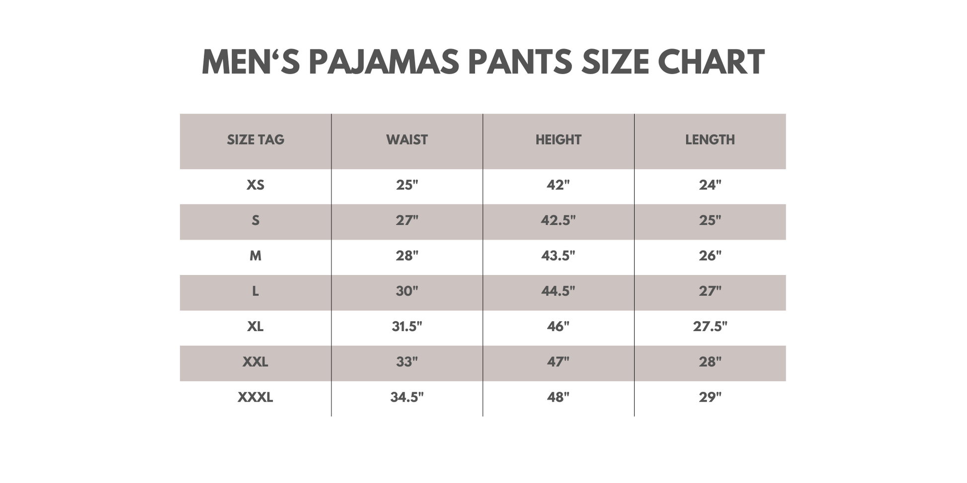 Men's pajama pants size chart on a white background