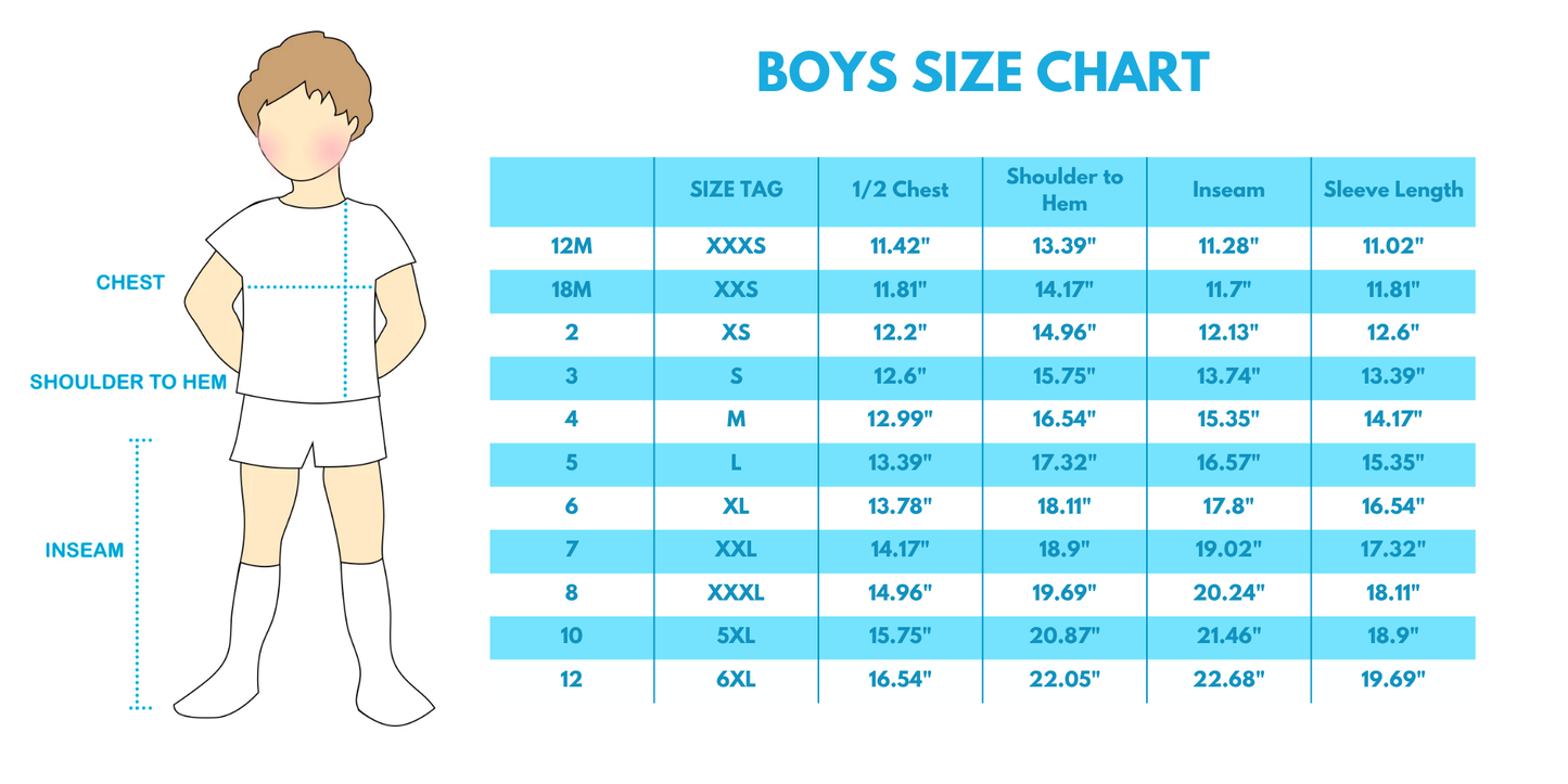 Boys size chart with measurement guide and child illustration