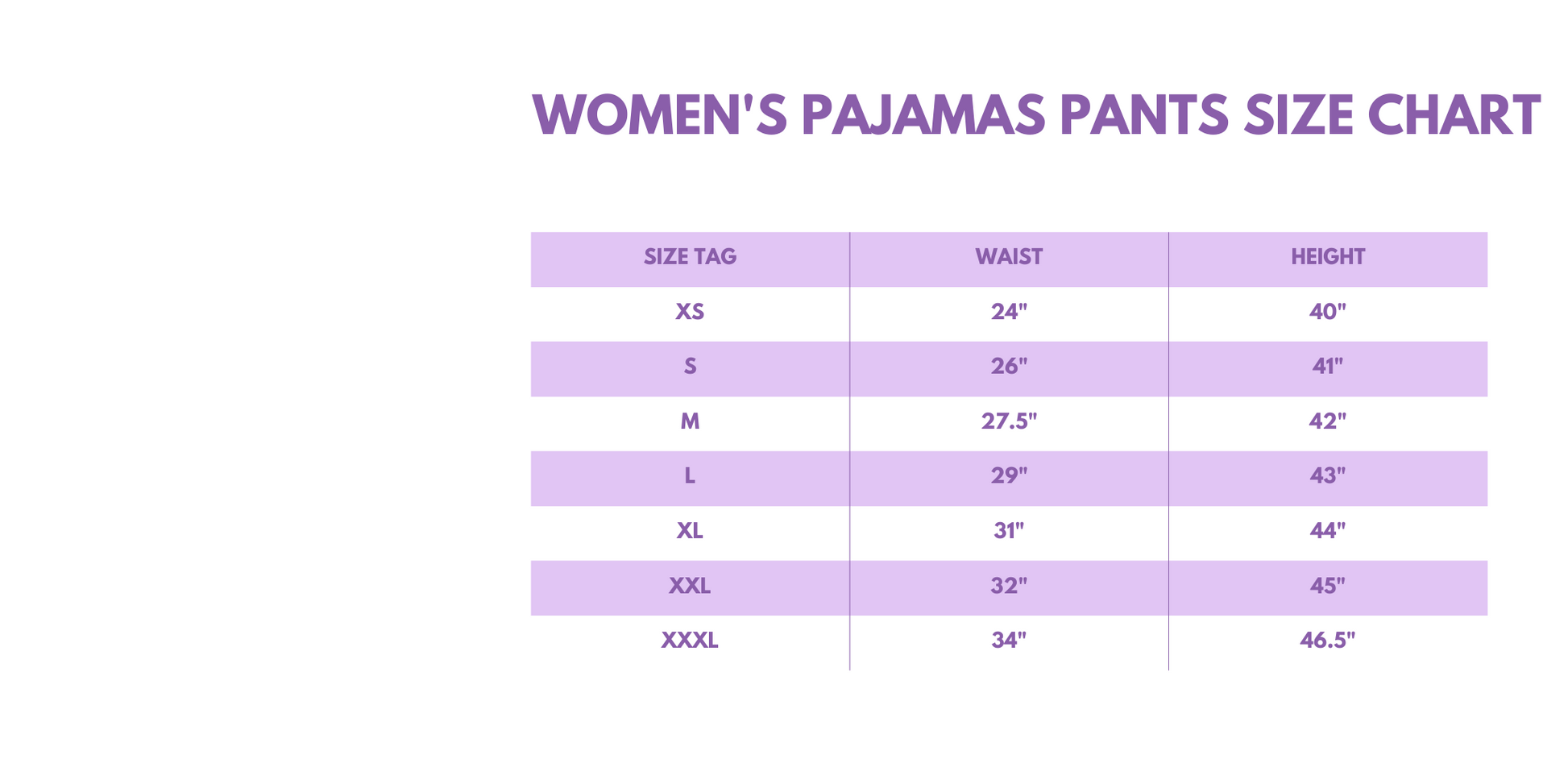 Women's pajama pants size chart on a white background
