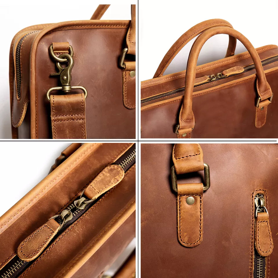Collage of a brown leather bag with close-up details on a white background