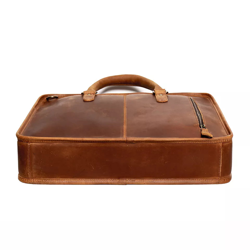 Brown leather briefcase on a white background