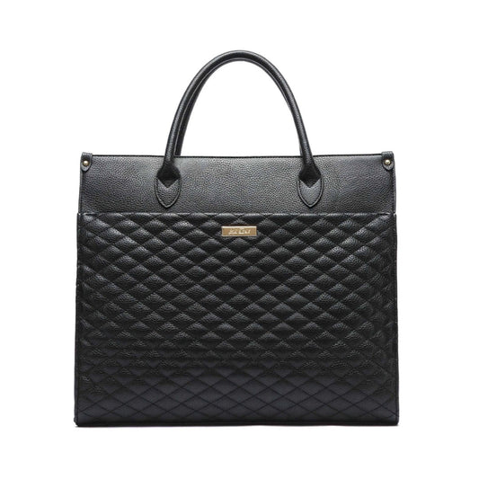 Black quilted handbag with gold logo on a white background