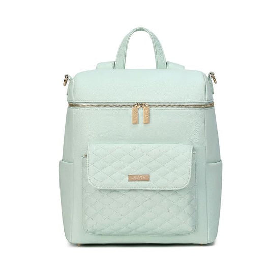 A mint green Monaco Diaper Bag with premium vegan leather, featuring smooth-glide YKK zippers, a satin-lined interior, and multiple pockets.