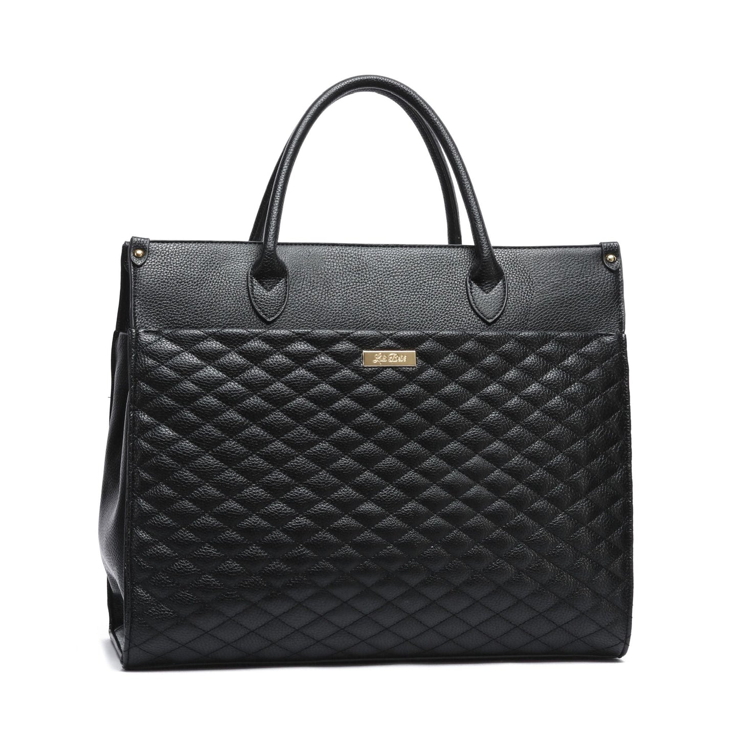 Black quilted handbag with gold logo on a white background