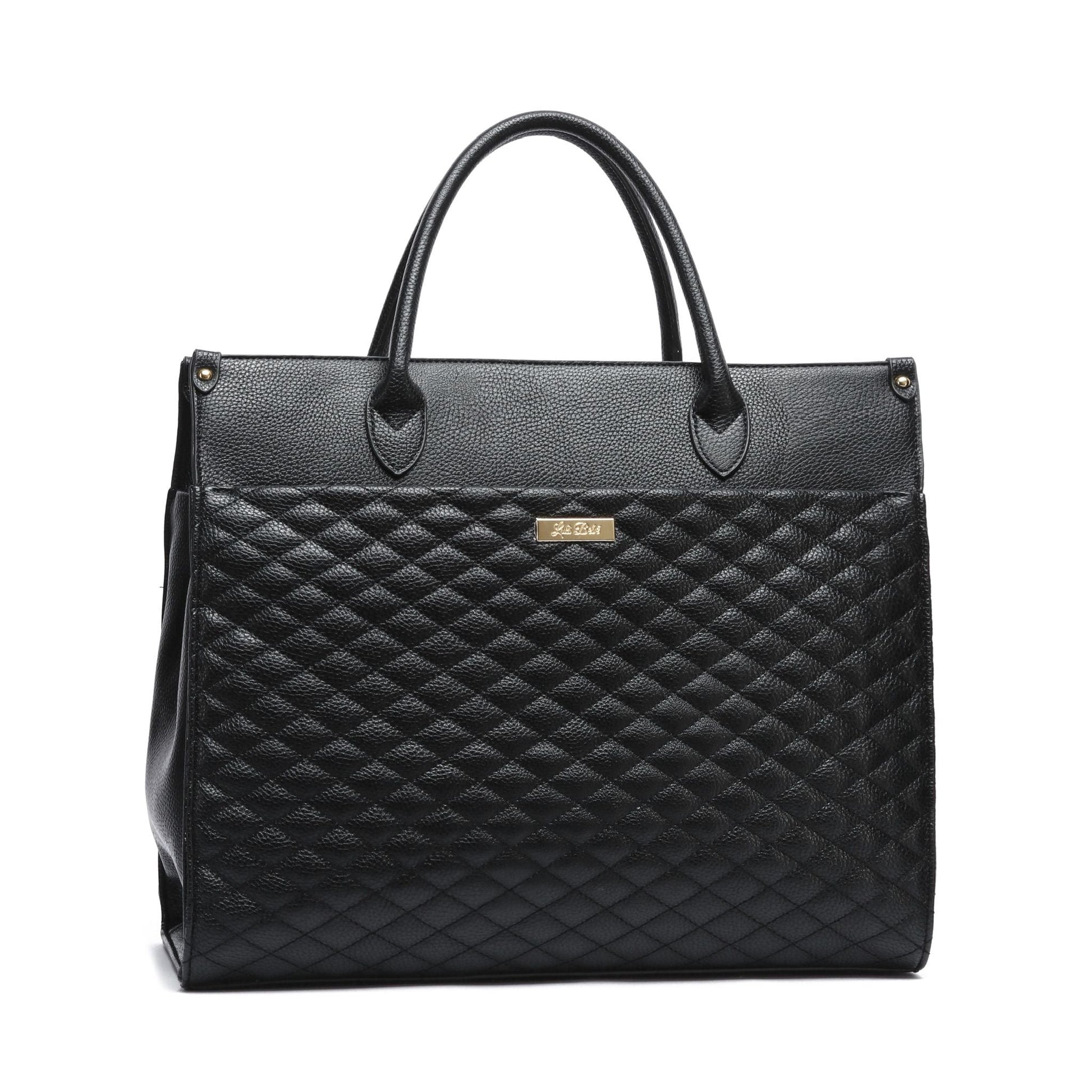 Black quilted handbag with gold logo on a white background