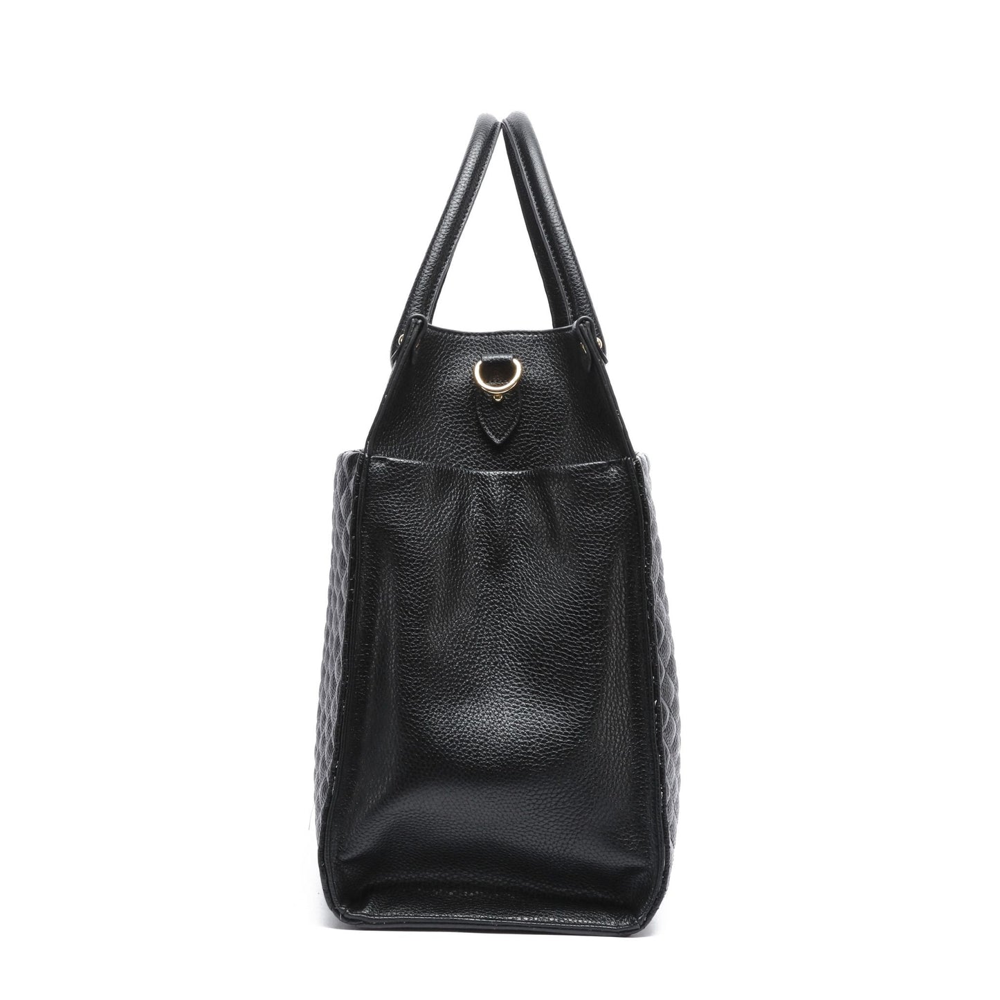 Black leather tote bag with a gold clasp on a white background