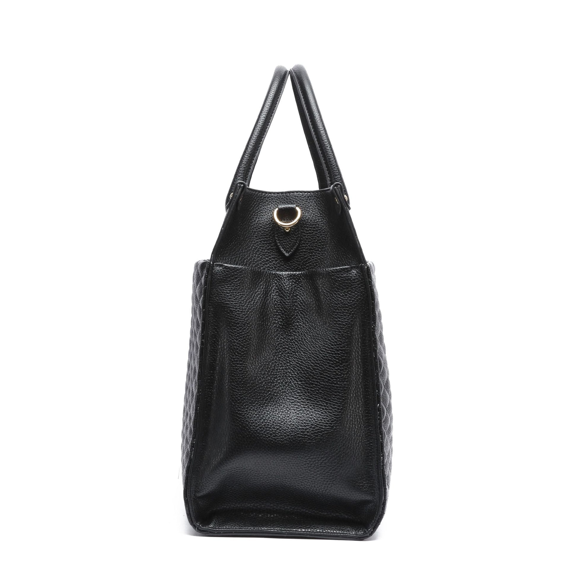 Black leather tote bag with a gold clasp on a white background