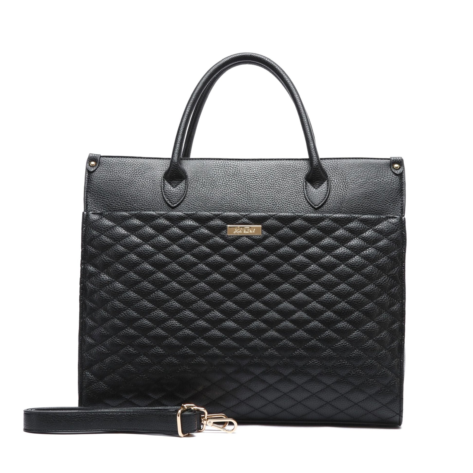 Black quilted handbag with a strap on a white background