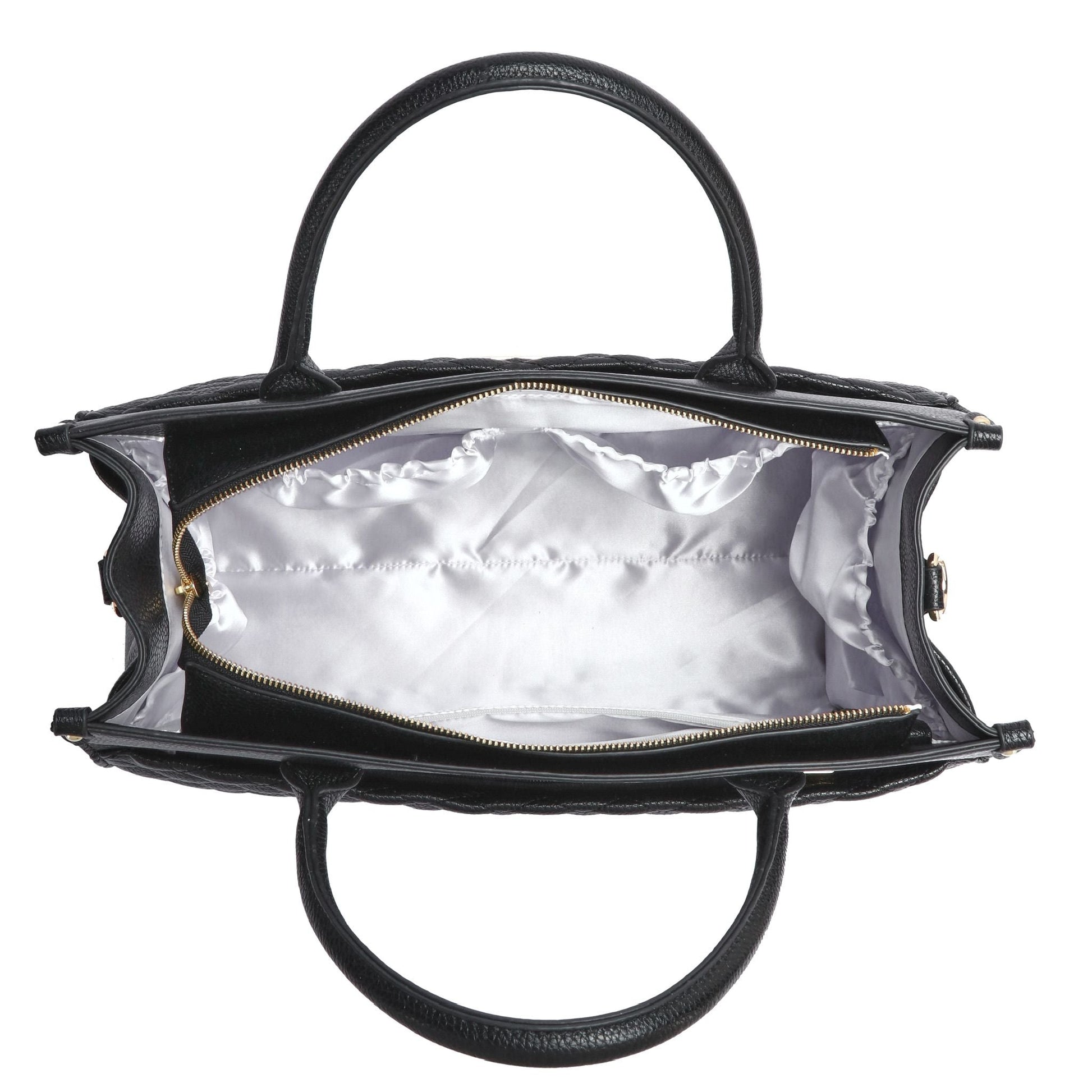 Black handbag with a clear interior on a white background
