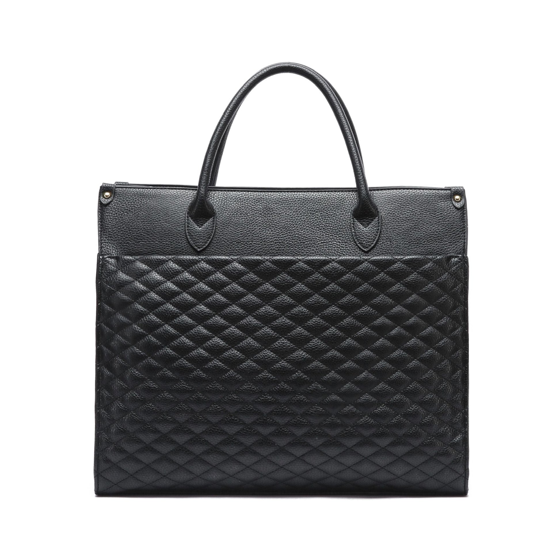 Black quilted handbag on a white background