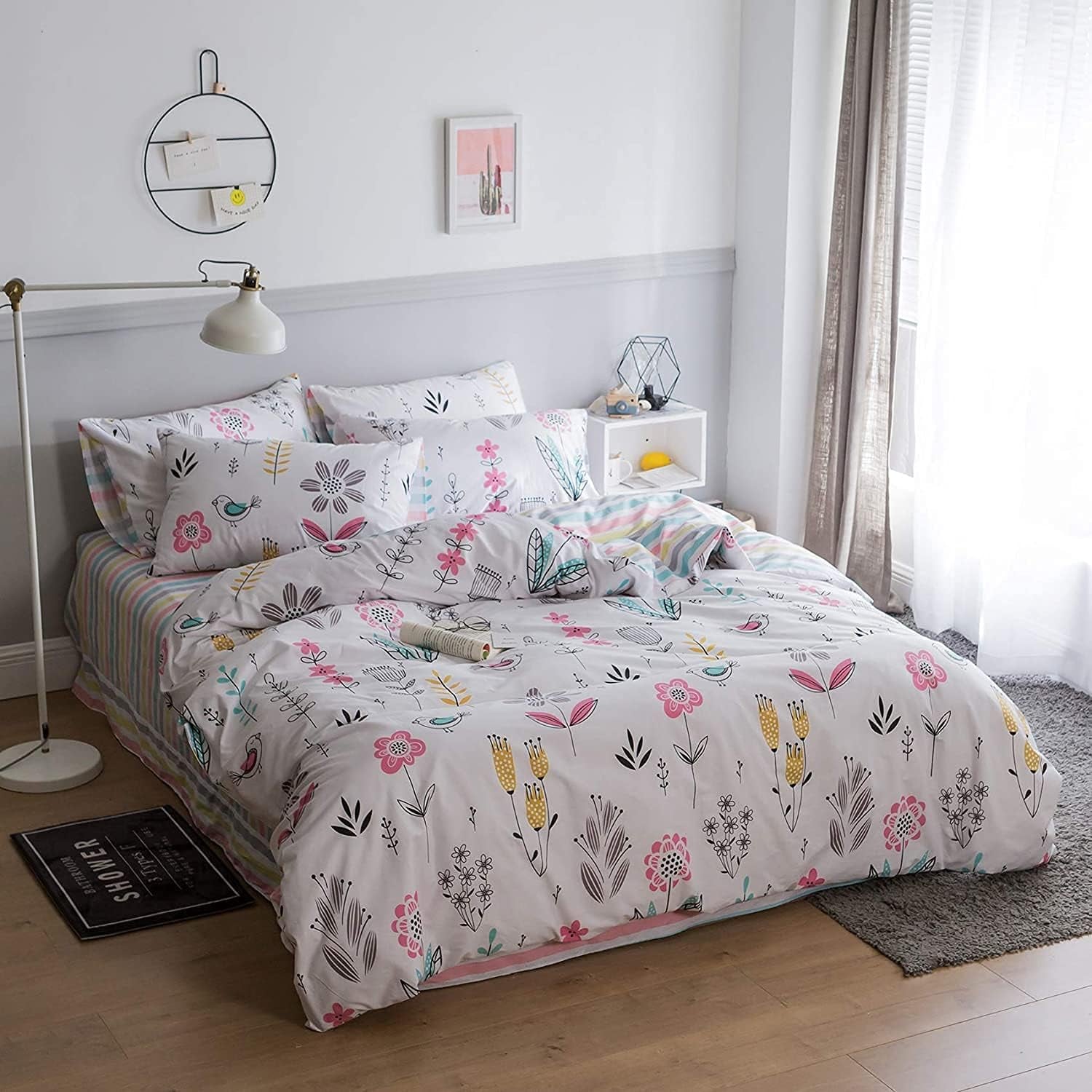 Floral Bird Print Pattern Girls Duvet Cover Twin White Premium Cotton Nature Blossom Colorful Reversible Kids Bedroom Comforter Cover Bedding Sets for Teen Toddler,Zipper Closure