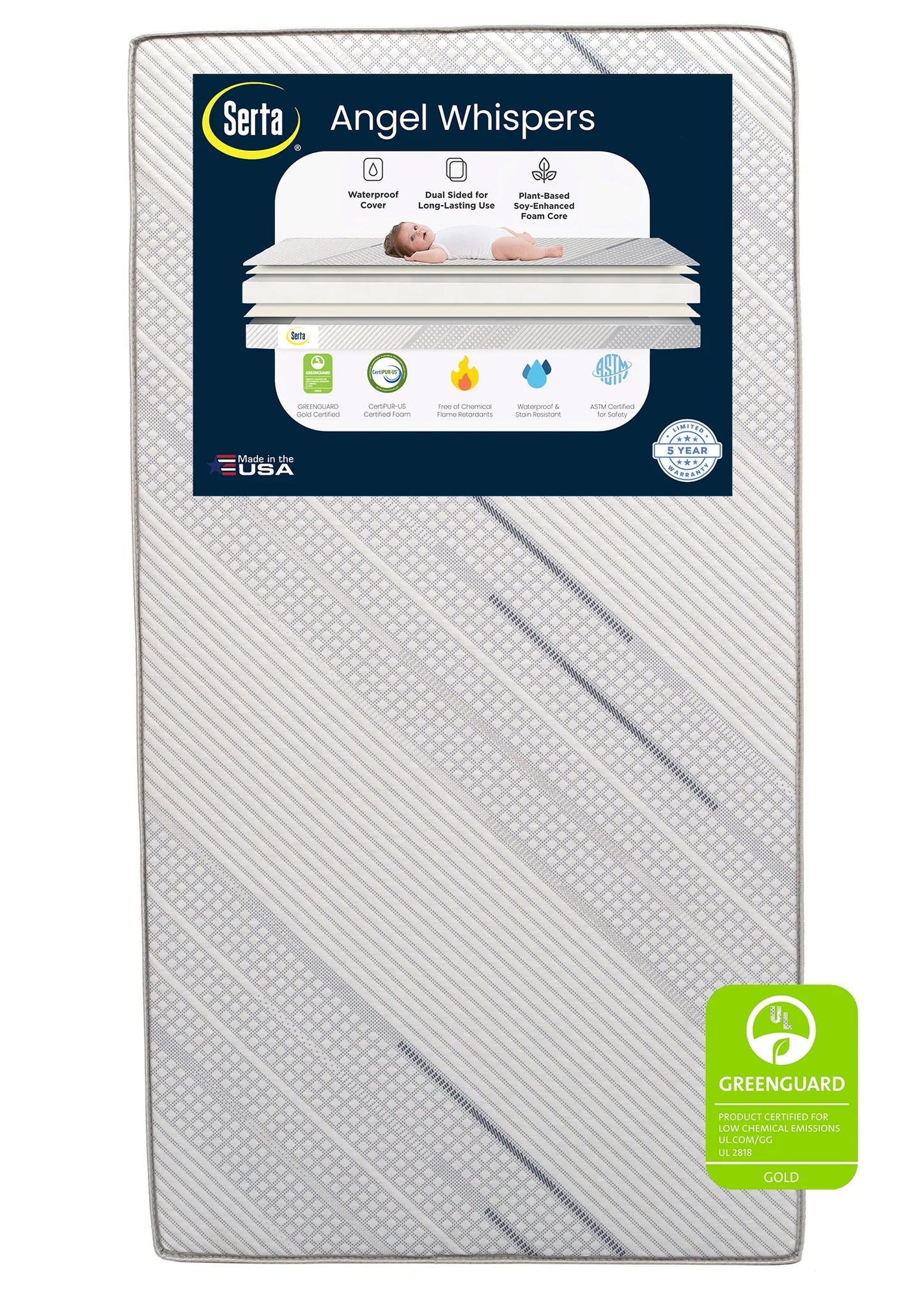 Angel Whispers Dual Sided 5" Crib /Toddler Mattress, GREENGUARD Gold, Firm Plant-Based Foam