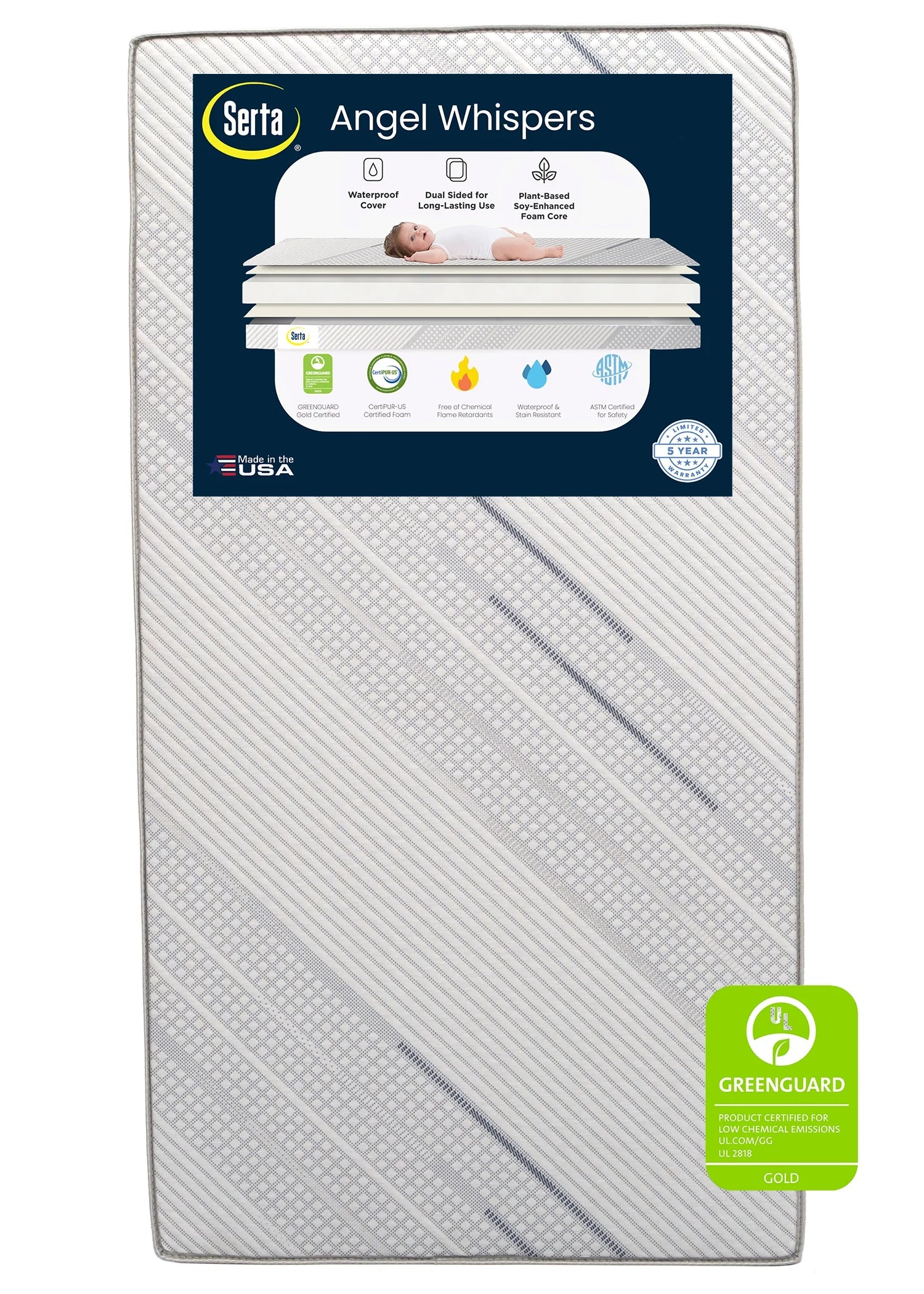 Angel Whispers Dual Sided 5" Crib /Toddler Mattress, GREENGUARD Gold, Firm Plant-Based Foam