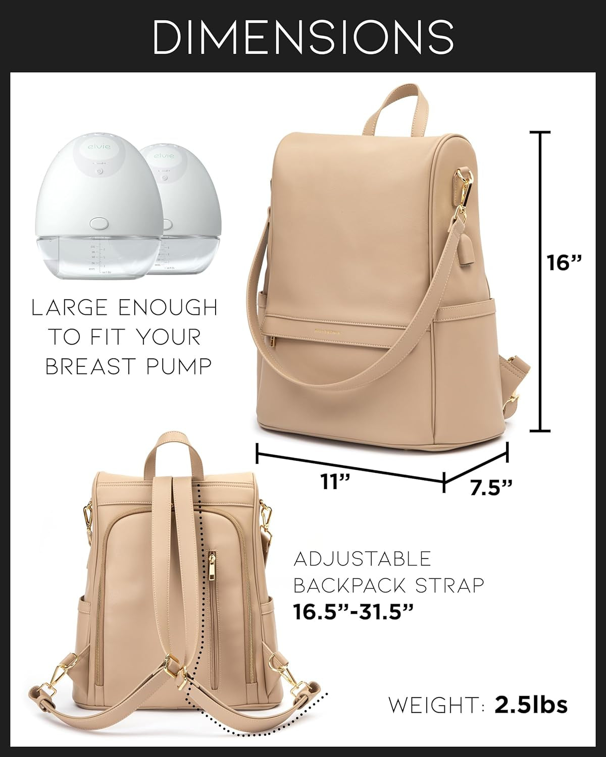 Leather Diaper Bag Backpack with USB Charging Port, Changing Pad, Stroller Straps, and Bottle Holder (Beige Mia)