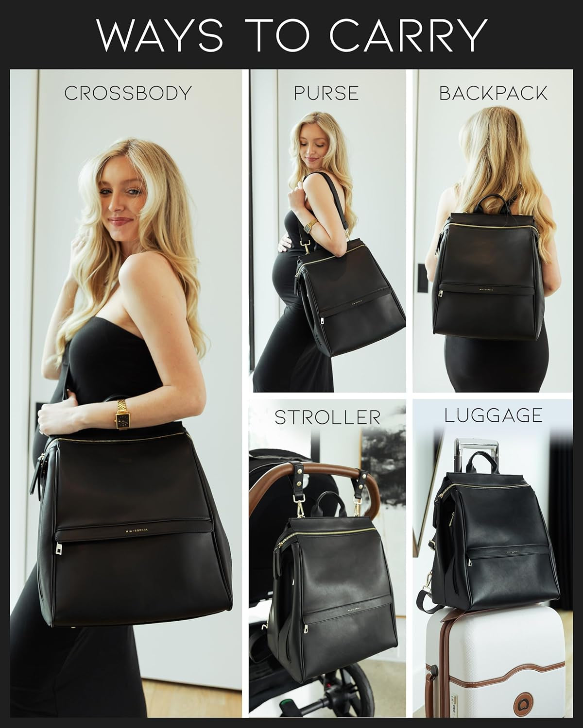 Leather Diaper Bag Backpack with USB Charging Port, Changing Pad, Stroller Straps, and Bottle Holder (Black Sophia)