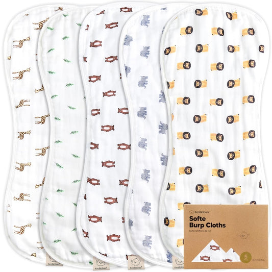 5-Pack Muslin Burp Cloths Baby Boy, Girl - Very Absorbent Baby Burp Cloth Rags, 8-Layers Viscose Derived from Bamboo Cotton Muslin Towel, Super Soft Spit up Rags, No Shrink Washcloths (The Wild)