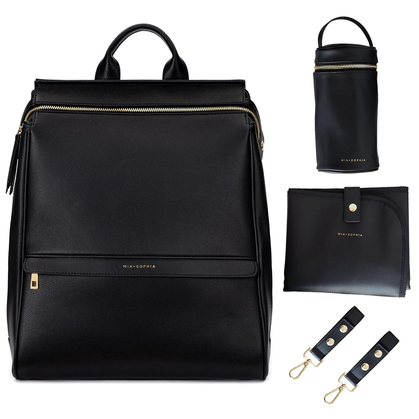Leather Diaper Bag Backpack with USB Charging Port, Changing Pad, Stroller Straps, and Bottle Holder (Black Sophia)