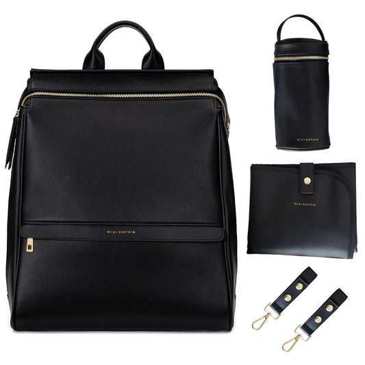 Leather Diaper Bag Backpack with USB Charging Port, Changing Pad, Stroller Straps, and Bottle Holder (Black Sophia)