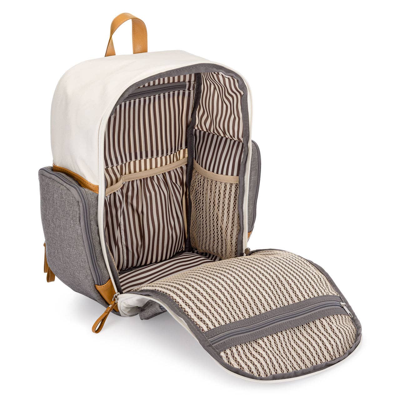 Backpack with striped cushion and organizer pockets on a white background