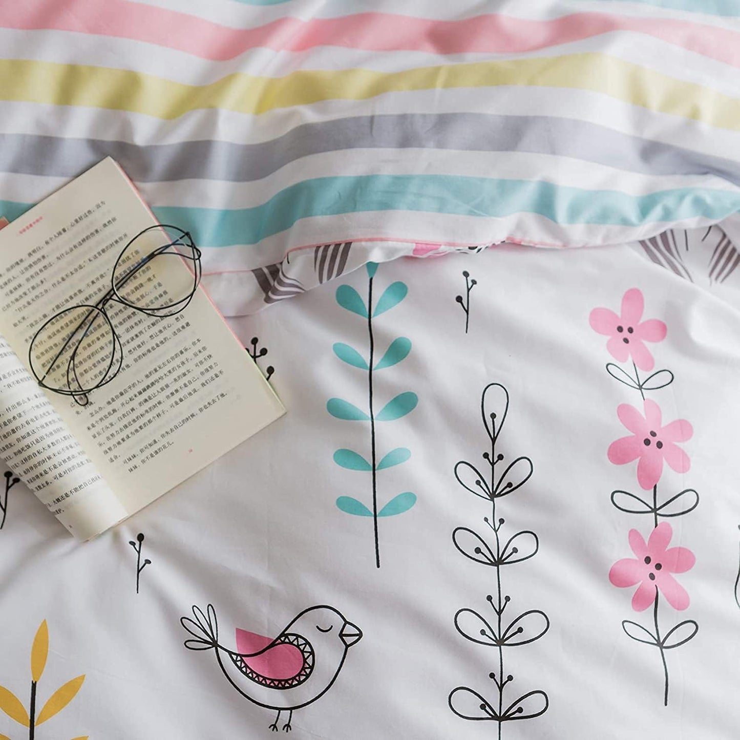 Floral Bird Print Pattern Girls Duvet Cover Twin White Premium Cotton Nature Blossom Colorful Reversible Kids Bedroom Comforter Cover Bedding Sets for Teen Toddler,Zipper Closure