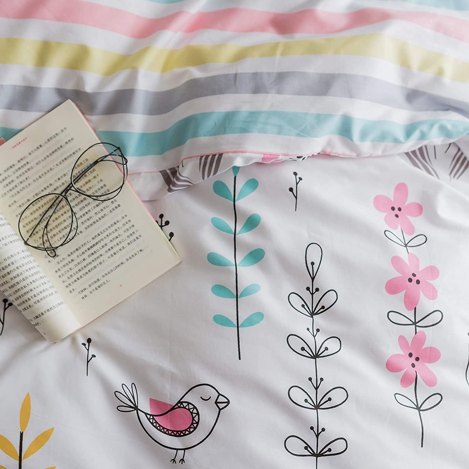 Floral Bird Print Pattern Girls Duvet Cover Twin White Premium Cotton Nature Blossom Colorful Reversible Kids Bedroom Comforter Cover Bedding Sets for Teen Toddler,Zipper Closure