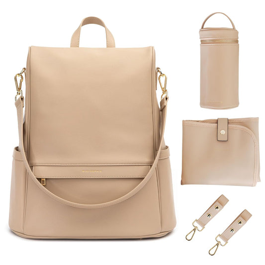 Leather Diaper Bag Backpack with USB Charging Port, Changing Pad, Stroller Straps, and Bottle Holder (Beige Mia)