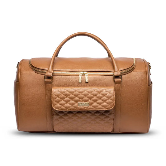 Brown leather duffel bag with quilted pocket on a white background