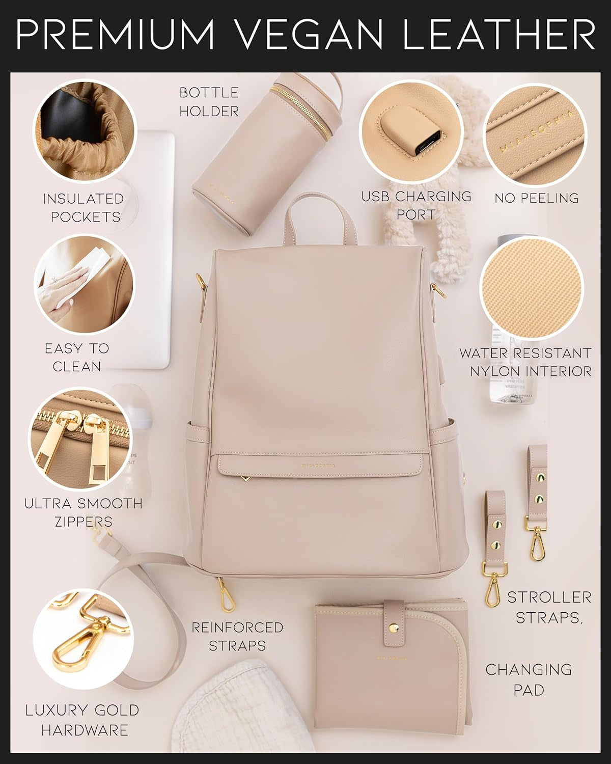 Leather Diaper Bag Backpack with USB Charging Port, Changing Pad, Stroller Straps, and Bottle Holder (Beige Mia)