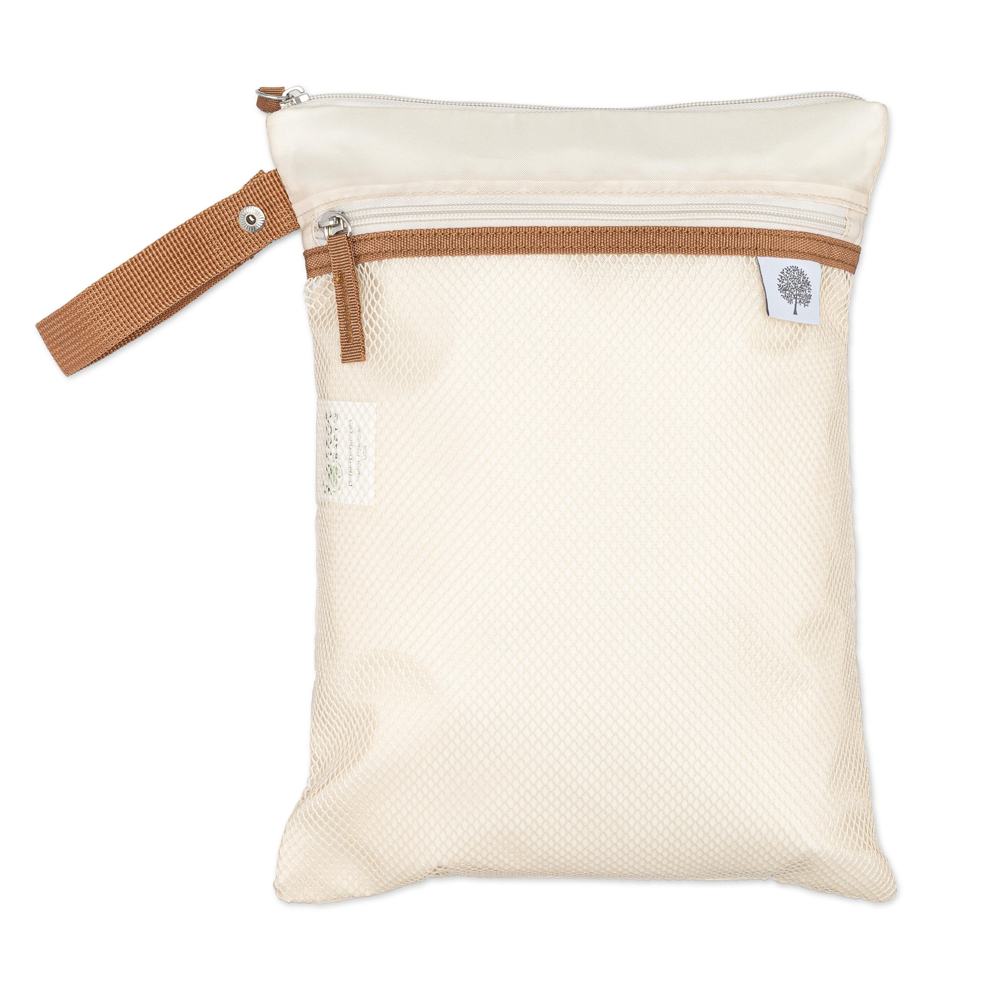 A striped brown and gray Parker Baby Co. Wet Dry Bag with a waterproof main compartment and a snap handle.