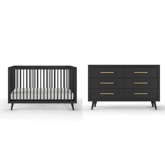 Cranbrook Crib and Dresser Nursery Set, 4-In-1 Convertible Crib with 6-Drawer Dresser, Ebony, 2-Piece