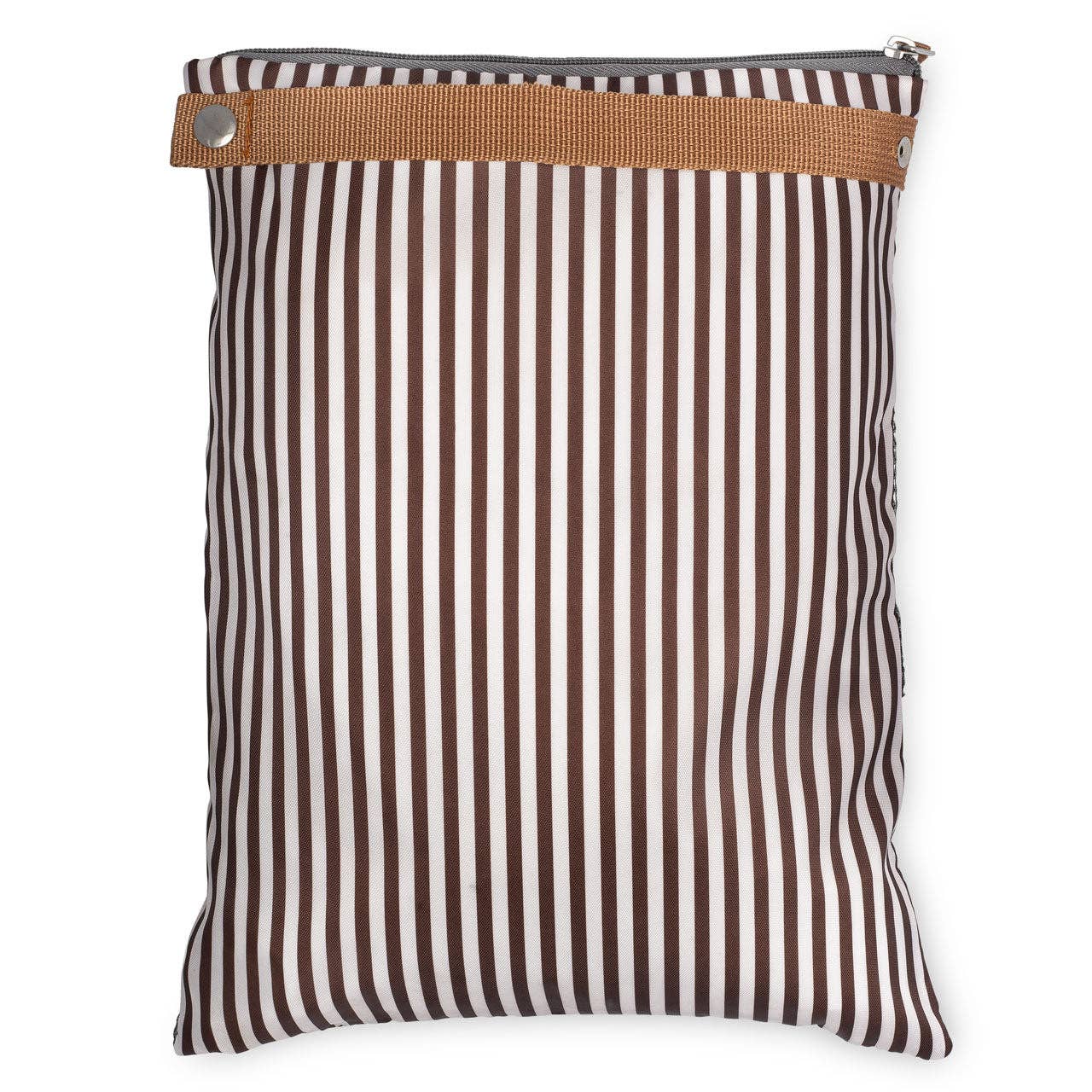 Striped bag with brown and white stripes on a white background