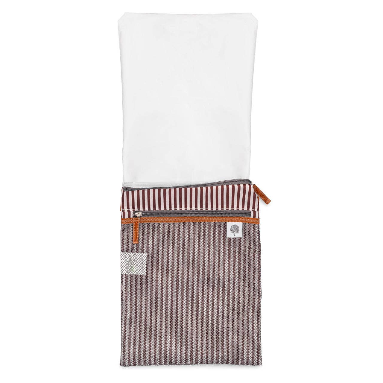 Folded fabric with white top, striped middle, and textured bottom on a white background