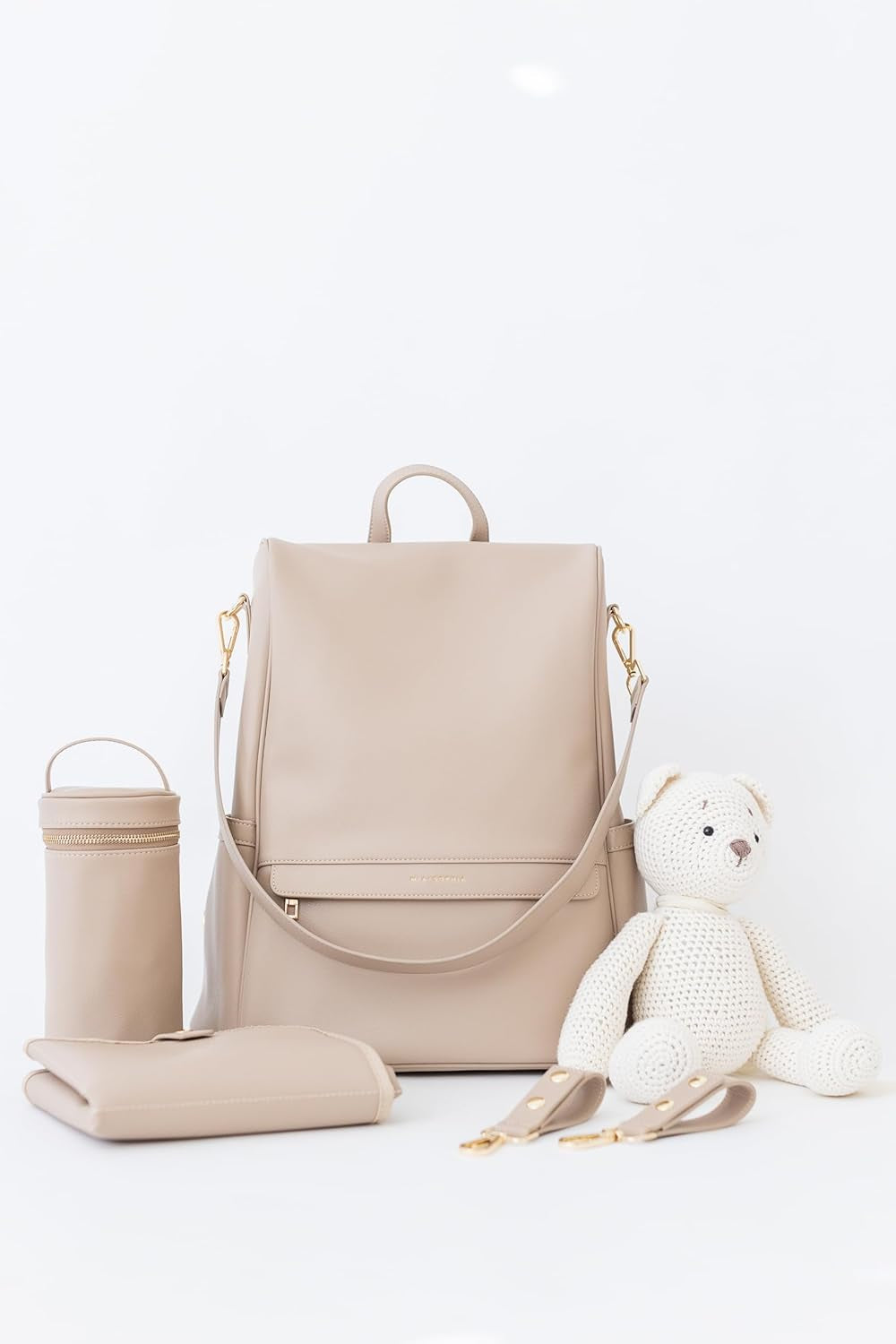 Leather Diaper Bag Backpack with USB Charging Port, Changing Pad, Stroller Straps, and Bottle Holder (Beige Mia)