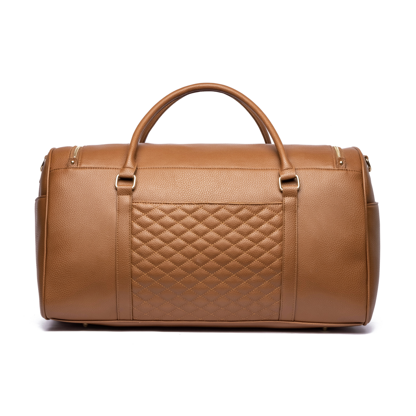 Brown leather duffel bag with quilted pattern on a white background