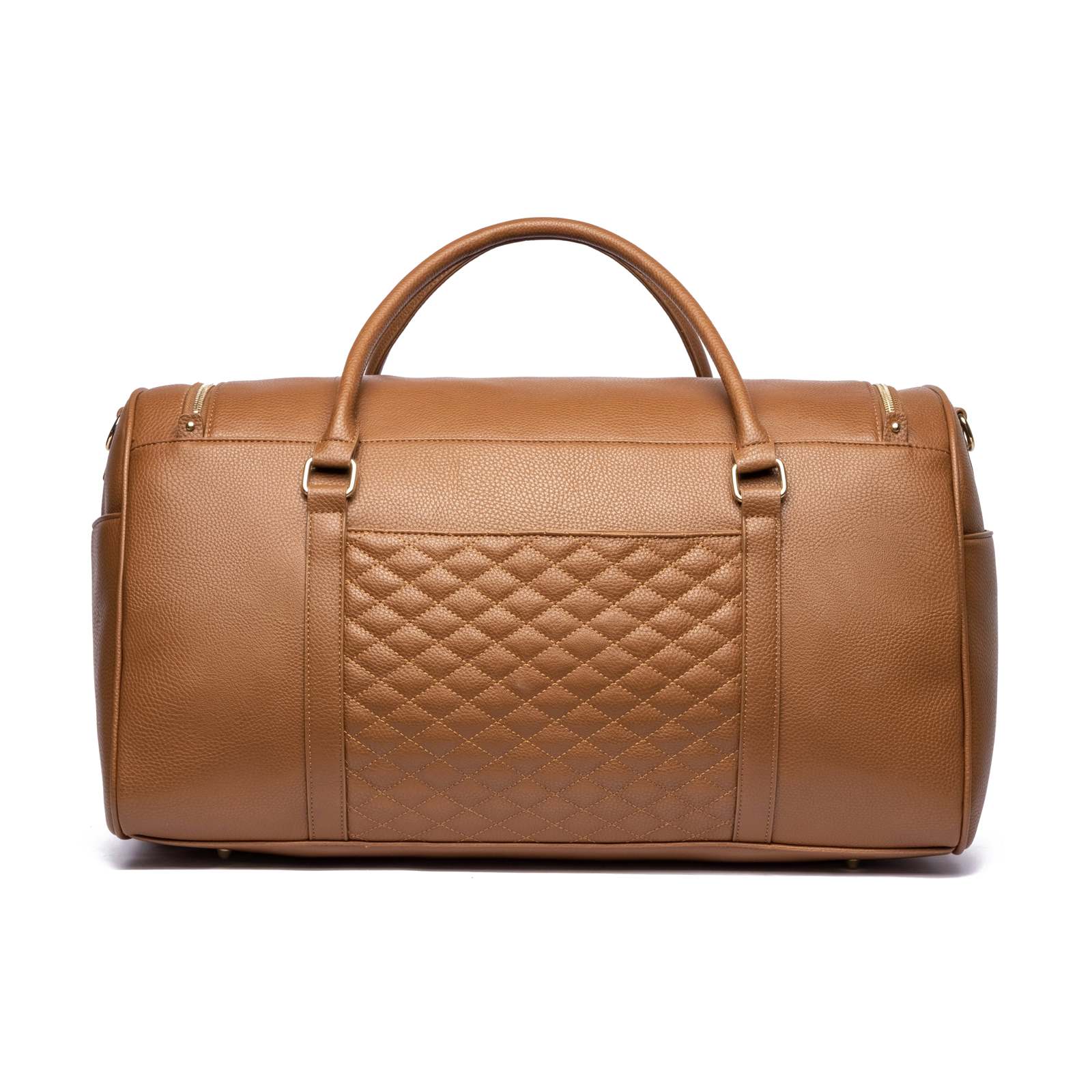 Brown leather duffel bag with quilted pattern on a white background