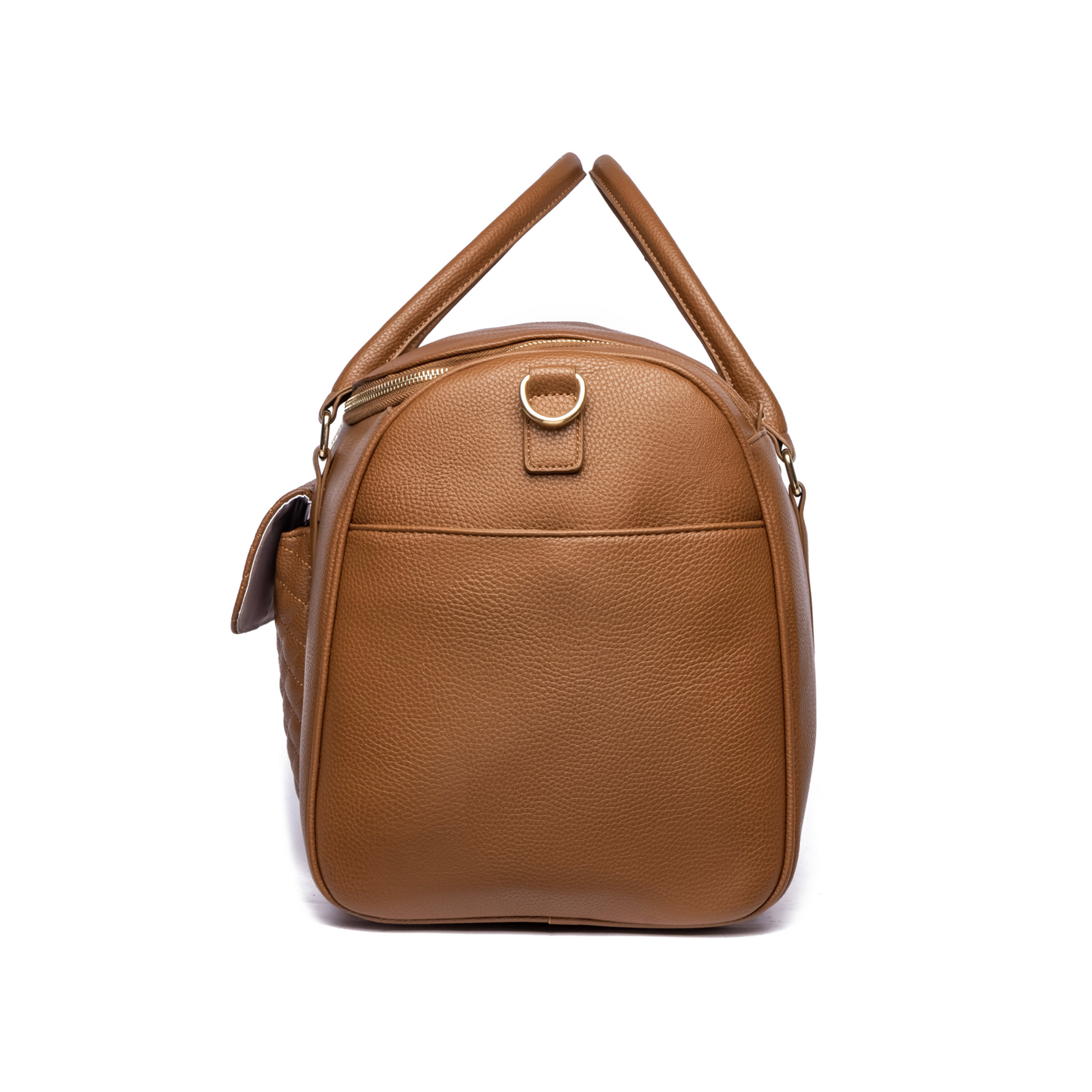 Brown leather bag with gold zipper on a white background