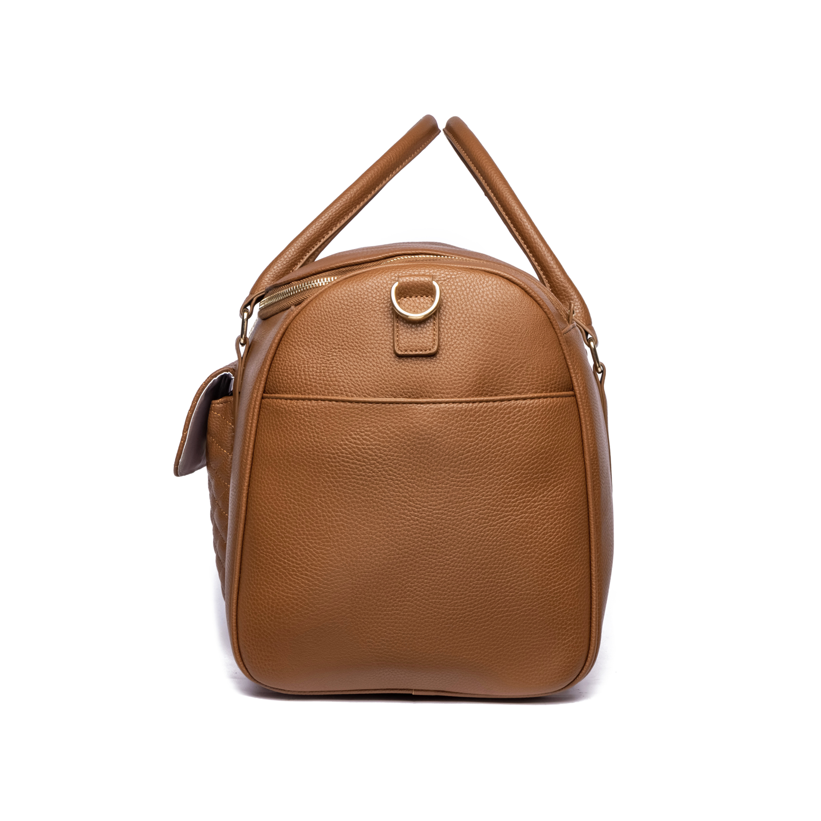 Brown leather bag with gold zipper on a white background