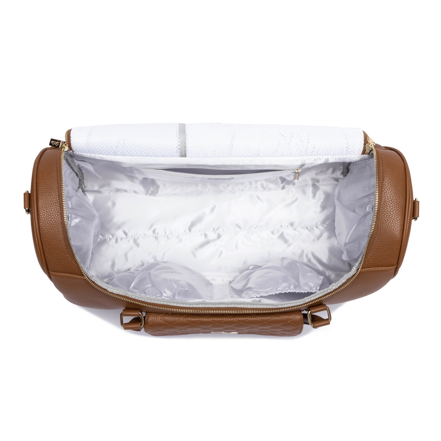 Brown leather bag with white interior on a white background