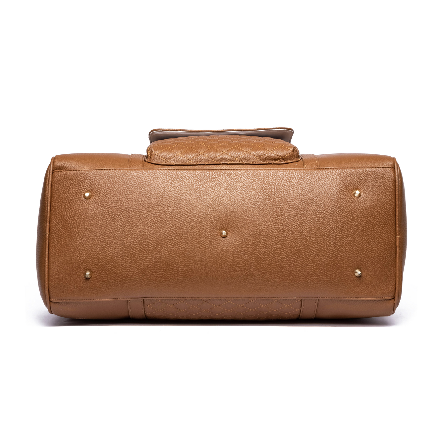 Brown leather duffel bag on a white background