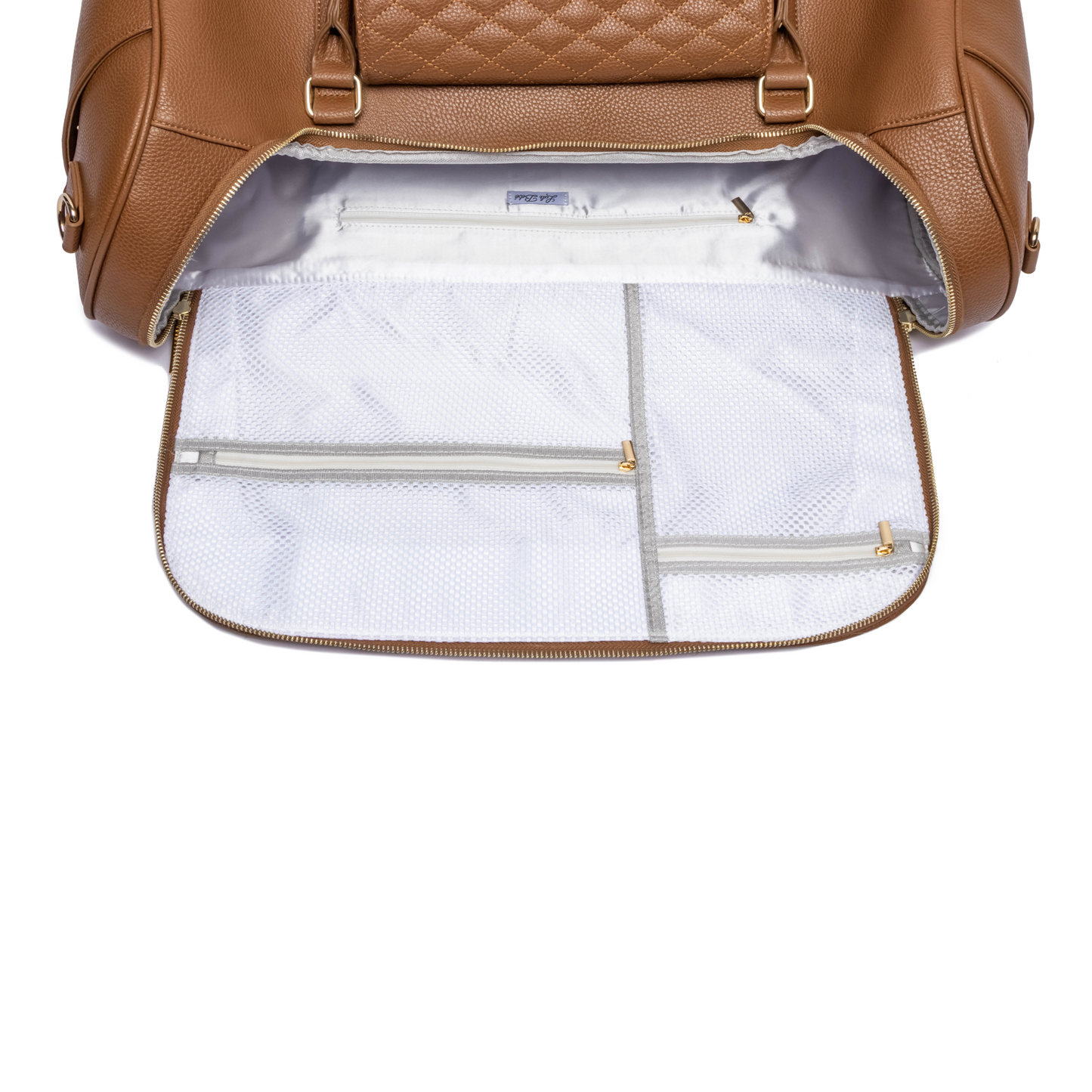 Brown backpack with a white interior on a white background