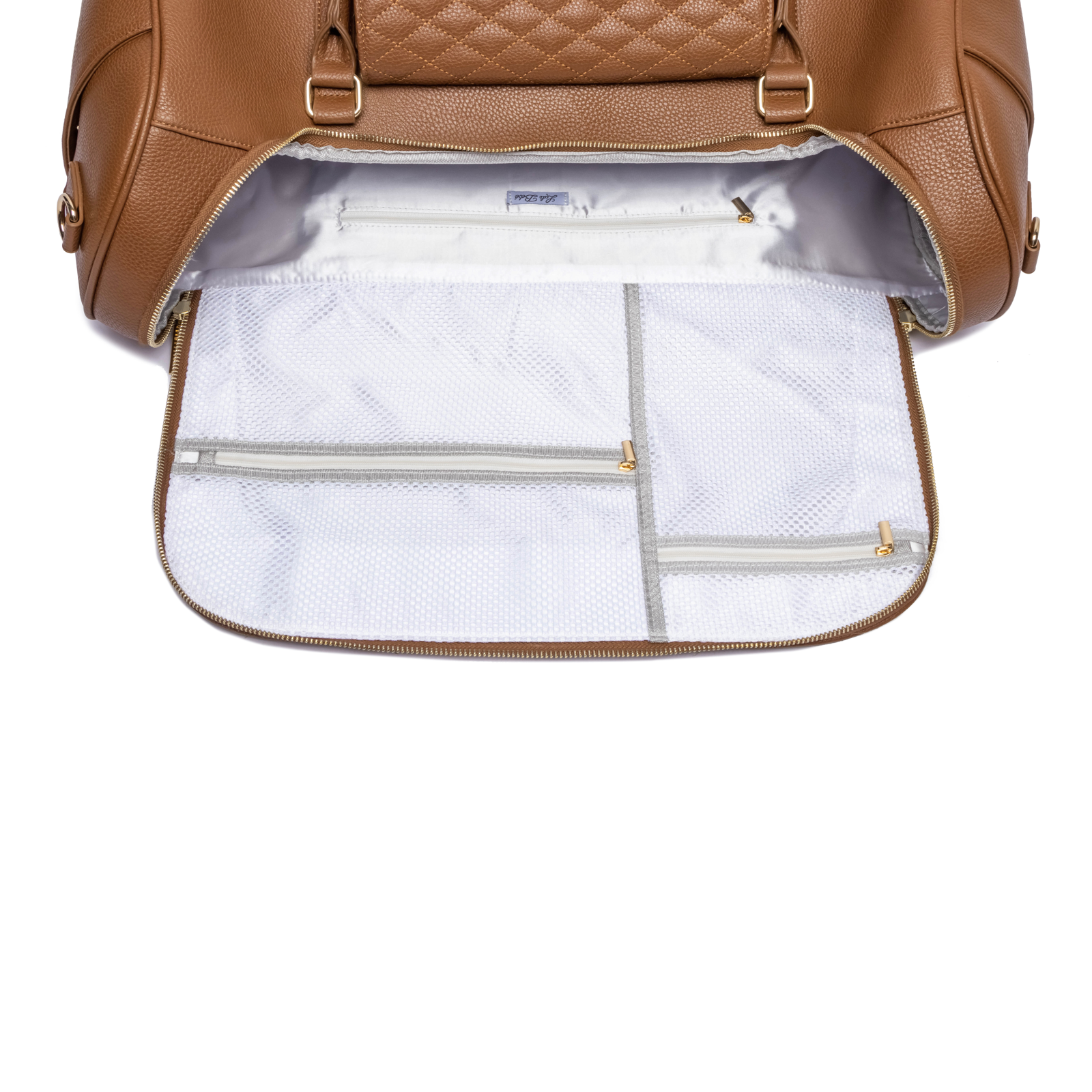 Brown backpack with a white interior on a white background