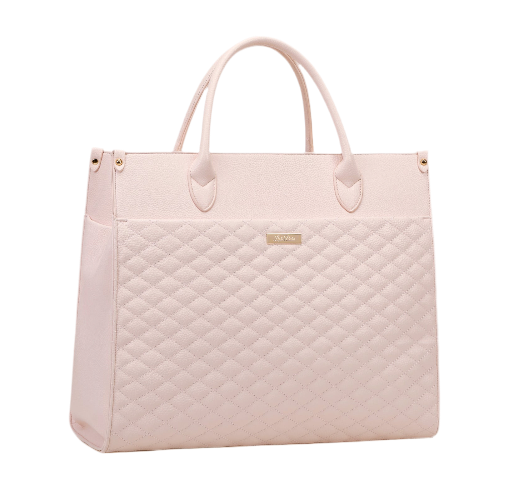 Quilted pink handbag on a white background