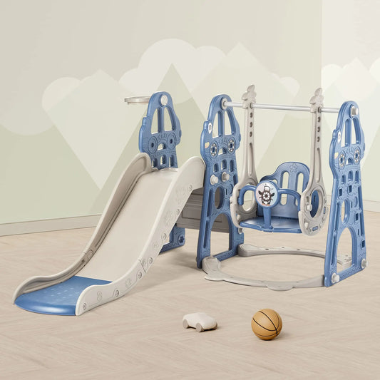 4 in 1 Toddler Slide and Swing Set Kid Slide for Toddlers Age 1-2 Baby Slide with Basketball Hoop Indoor Outdoor Slide Toddler Playset Toddler Playground– Blue - All The Things Baby
