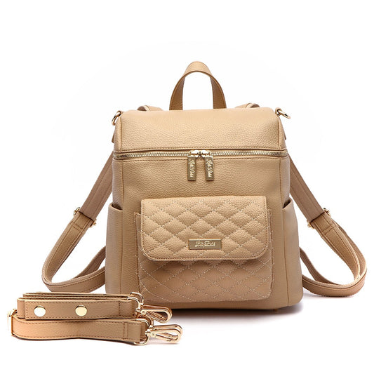 Beige backpack with quilted pocket on a white background