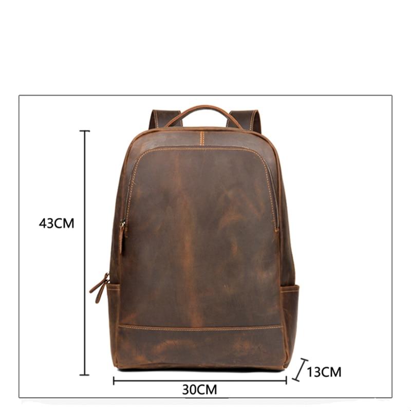 Brown leather backpack with dimensions on a white background