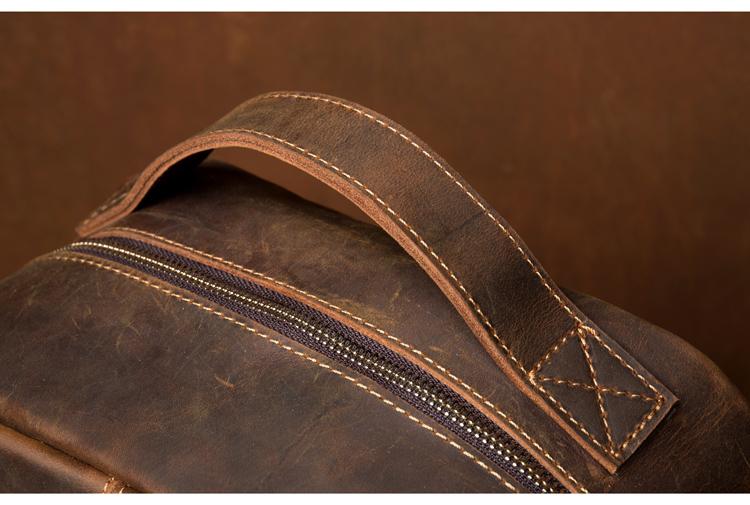 Close-up of a brown leather bag with a zipper and stitching detail on a brown background