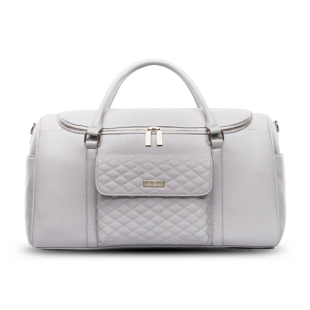 Light gray quilted duffel bag on a white background